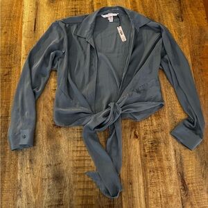 Victoria's Secret Slate gray satin like Tie-Front long sleeve Blouse NWT medium